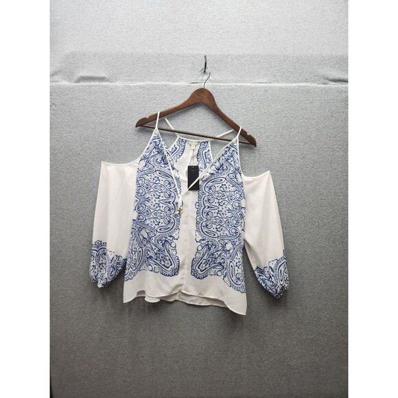 Guess Womens White & Blue Paisley Cold-Shoulder Top Size M Polyester Fabric Adju - Picture 1 of 7